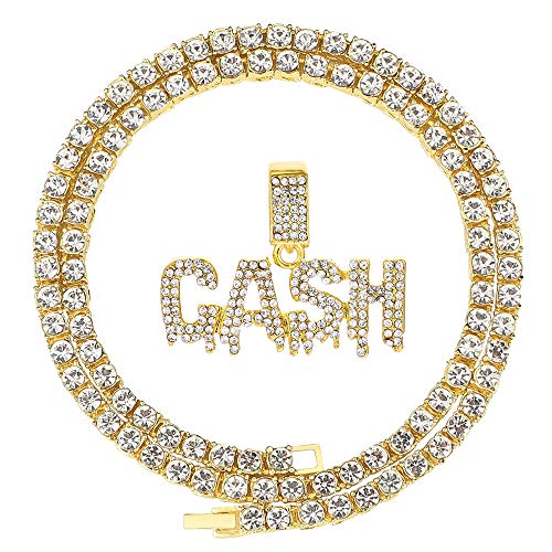 HH Bling Empire Unisex Hip Hop Iced Out Silver Gold Cz Diamond Bubble Dripping Full Name Letters Words Pendant Chain Necklace (Cash - Gold, with Tennis)