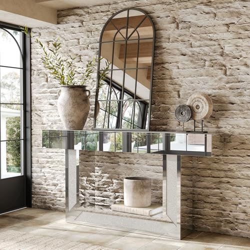 LITTLE TREE Modern Mirrored Console Table, 63 Inches Long Sofa Behind Couch Table, Sofa Console Tables for Living Room, 2-Tier Large Wooden Entryway Hallway Foyer Table with Heavy Duty Base, Silver
