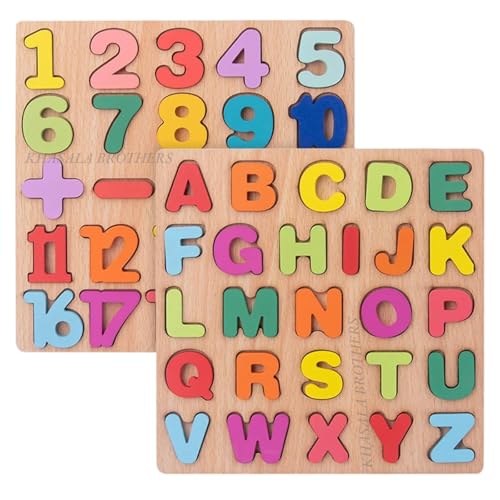 Image of Khasala Brothers Wooden ABCD Alphabet Number Shape Explorative Puzzles Toddler Learning Puzzles,Educational Activity Boards Toys for Child Boys and Girls (2 Pack ABCD+1234)