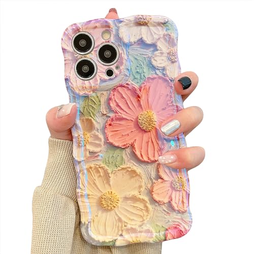 UEEBAI Case for iPhone 13 Pro Max 6.7 inch, Colorful Retro Oil Painting Flower Case Pretty Glossy Pattern Wave Case Cute Sparkly Floral Curly Cover Stylish Soft Case for Girl - Orange Yellow