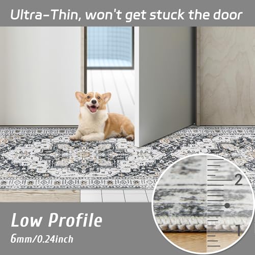 Madane Runner Rug 2x8, Washable Hallway Runner Rugs, Non-Slip Low-Pile Soft Kitchen Rug Runner Laundry Room Rug, Vintage Throw Entry Foyer Mat for Entrance Living Room (Black, 2 x 8)