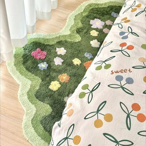 Cute Garden Flower Moss Rug for Bedroom, Lovely Green Moss