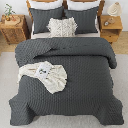 Image of Andency Dark Grey King Size Quilt Bedding Set (106x96 Inch), 3 Pieces Soft Lightweight Bedspread Coverlet, Drak Gray Boho Summer Quilt King Size for All Season(1 Quilt, 2 Pillow Shams)