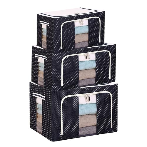 Image of Storage Box for Clothes - Foldabe Wardrobe Organiser with Zipper Transparent Window Underbed Storage Bag Moisture Proof Suitcase Clothes cover for Saree (Mix Combo of 3, Blue)