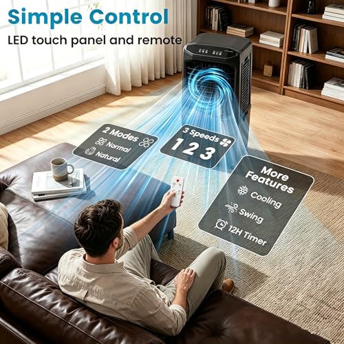 KOTEK 7 Gal Evaporative Air Cooler, 1800 CFM Windowless Portable Swamp Cooler Air Conditioner with 3 Speeds 4 Ice Boxes 12H Timer Remote, Oscillating Cooling Fan for Room Home Gara image 7