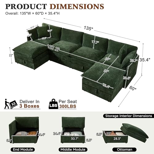 Image of Ihanherry 135 inch Modular Sectional Sofa with Storage, U Shaped Cloud Couch with Movable Ottomans & 4 Pillows, Chenille Deep Seat Sectional Couches for Living Room, Apartment (Green)
