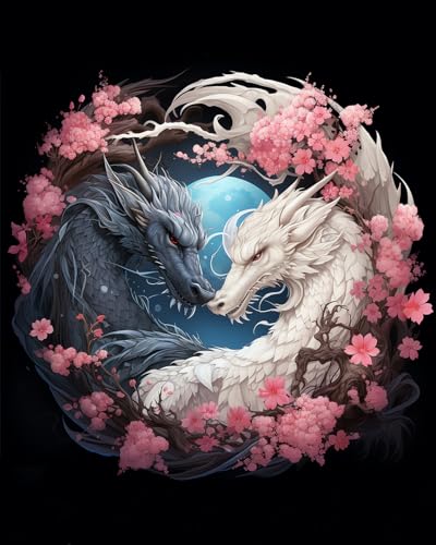 TISHIRON Paint by Numbers Kits for Adults Paint Kits A Black Dragon and A White Dragon in Flowers Painting DIY Paint by Number for Adults Beginner for Home Decor 16 * 20 in