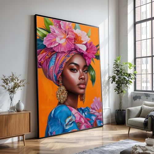 Toile portrait afrocentrique premium avec foulard floral et finitions artistiques de luxe
