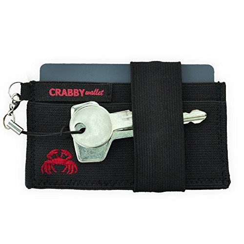 Crabby Gear - Front Pocket Wallet - Minimalist Wallet - Black - Elastic - Everyday Carry Cards, Cash, Phone, Keys - Securely Holds For Easy Access - Lobster Claw Keychain Included- Ultra Thin 4"X2"… #TOP4