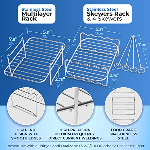 This is a picture of a product for sale called LOTTELI KITCHEN Air Fryer Rack for Double Basket Air Fryers,  304 Stainless Steel Multi-Layer Rack,  Air Fryer Accessories Dehydrator Rack Compatible with Ninja Foodi DZ201 - 401 (6pcs Accessories)