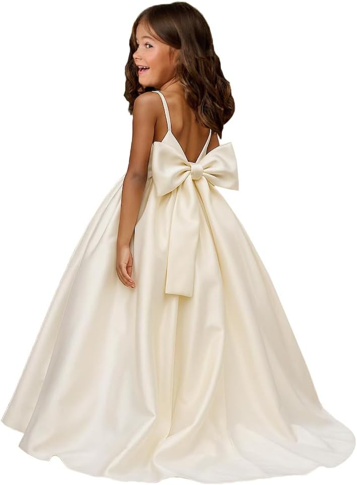 Glossy Satin Flower Girl Dress Spaghetti Strap Princess Ball Gown for Wedding Party Dresses