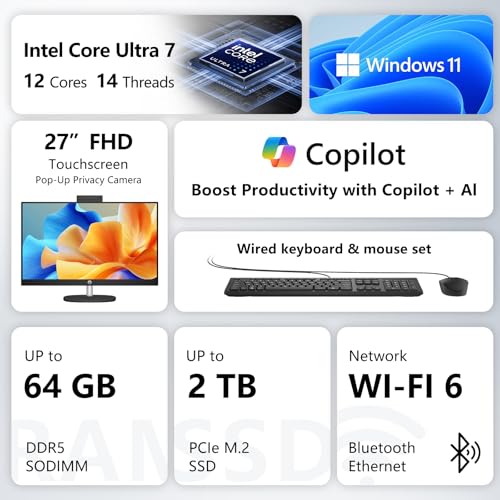 Image of HP 27 inch FHD Touchscreen Intel Ultra 7 AI All-in-One Desktop Computer, 27 inch FHD Touchscreen, Intel Ultra 7 255U, PCONLINE Customized 16GB-64GB DDR5, 1TB-2TB SSD, Wired Keyboard & Mouse, Wi-Fi 6, Win11Pro