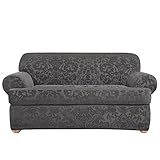 SureFit Home Décor Stretch Jacquard Damask T-Cushion Sofa Loveseat Slipcover, Form Fit, Polyester/Spandex, Machine Washable, Two Piece, Gray Color