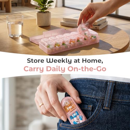 Image of Weekly AM PM Detachable Pill Organizer 2 Times a Day, Wear Resistant Large Print Medicine Pill Organizer for Arthritis, Seniors & Caregiver, Purse Travel Use - Pink