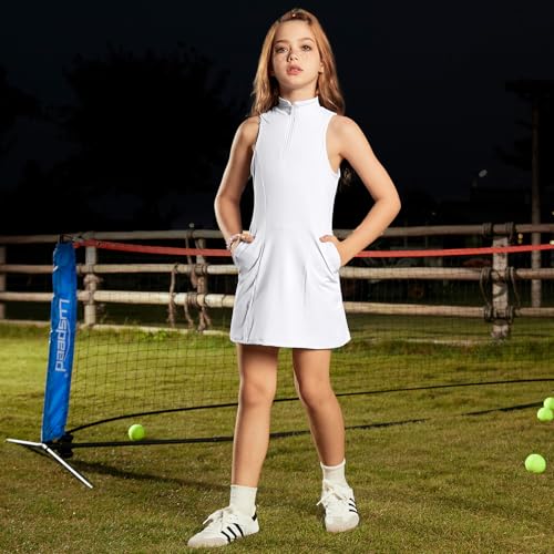 Image of Perfashion Girls Tennis Dress 1 /4 Zip Golf Outfit Built-in Bra & Shorts Pickleball Athletic Dress Workout Pockets 4-13Y