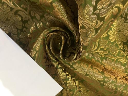 Tissu brocart en soie 111cm de large vert et doré motif floral jacquard au mètre BRO926