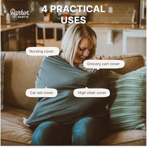 Image of Parker Baby 4 in 1 Car Seat Cover for Girls and Boys - Stretchy Carseat Canopy, Nursing Cover, Grocery Cart Cover, High Chair Cover - Gray