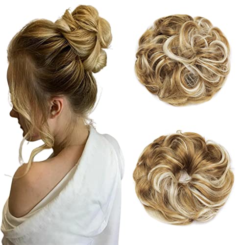 Cybelleza Messy Bun Hair Piece Wavy Curly Hair Scrunchies Thick Messy Hair Bun Updo Hairpiece Synthetic Ribbon Ponytail Extensions Donut Chignons Wavy Wig for Women Girls 40g Blonde & Blonde
