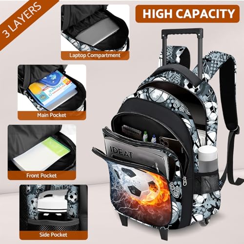 Soccer Rolling Backpack for Boys - 3PCS Boys Rolling Backpack with Lunch Box Set for Kids Children Teens Elementary Middle School,Sport Roller Bookbag with Wheels for Age 6-183