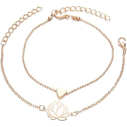 OOMPH Gold Tone Lotus & Heart Anklet Combo