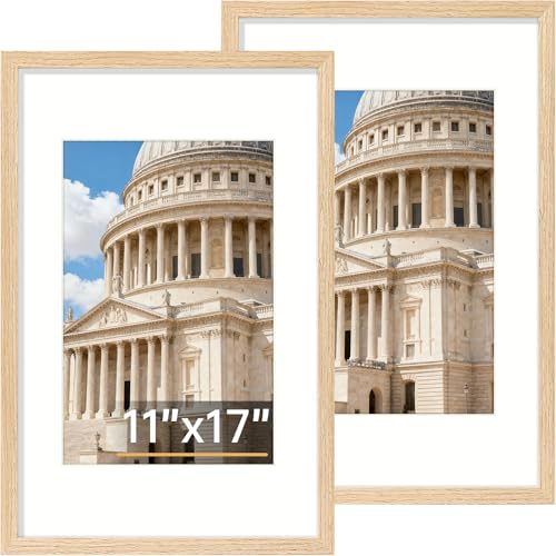 Vittanly 11x17 Picture Frame, Solid Wood Frame with Mat, Natural, 2 Pack