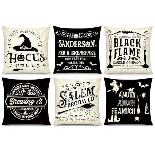 【6 Spooky Designs in Black & White】Set of Halloween pillow covers featuring 6 unique single-sided prints. Classic designs include spider webs, witch hats, skulls, and eerie Halloween phrases. Instantly transforms your space with haunted style – perfe...