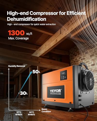 Image of VEVOR 125 Pints Commercial Dehumidifier, with Drain Hose for Crawl Space