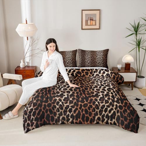 Image of Feelyou Black Brown Leopard Print Comforter Cheetah Print Comforter Set Africa Animal Wildlife Bedding Set for Boys Girls Kids Men Women Room Decor Luxury Safari Duvet Set Queen Size Quilt Boys
