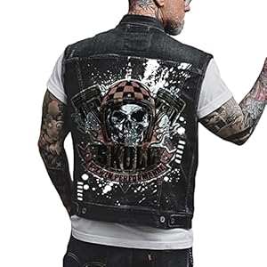 ORANDESIGNE Homme Gilet en Jean Veste Courte Sans Manches en Jean Vintage Délavé Décontractée Manteau Punk Impression de Graffitis Gilet Denim Veste de Moto A Noir L