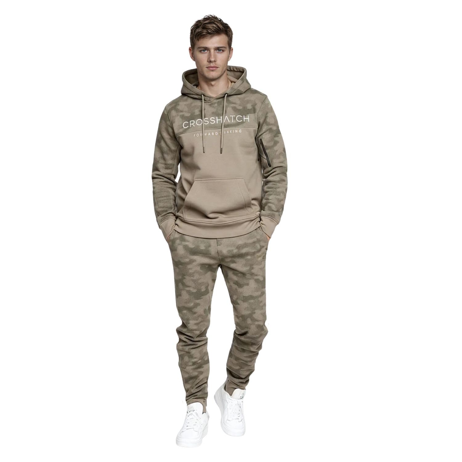 Crosshatch full tracksuit Hooded Fleece Sweatshirt Hoodie Jacket Sweatpants Joggers by Jeanbase Khaki Camo XXL