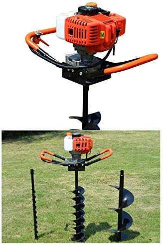 52cc 2-Stroke 1.98HP Gas Powered Post Hole Digger Borer Ground Fence Drill Single Cylinder Drill + 4" 6" 8" Bits (2.4HP)
