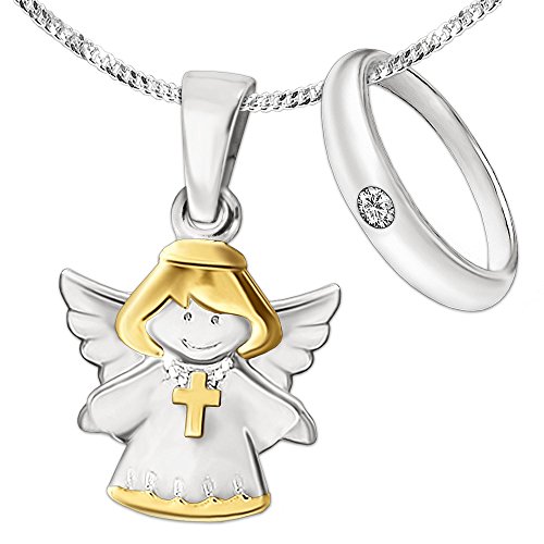 CLEVER SCHMUCK Juego de 2 colgantes de plata con colgante de ángel infantil bicolor con cruz parcialmente chapada en oro y anillo de bautizo sencillo con circonita blanca y cadena de 34 cm de plata de