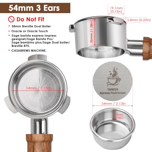 Image of 54mm Bottomless Portafilter with Puck Screen | Fits for 54mm Breville Machines | 100% Stainless Steel portafilter and Walnut wood Handle|Espresso Machine Accessories(Walnut)