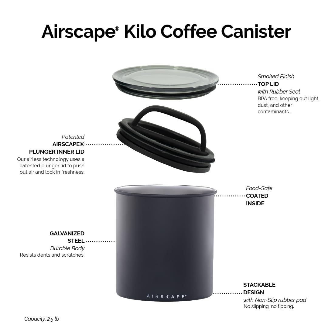 Airscape Boîte de rangement pour café (grains secs de 1,1 kg) – Grande capacité de kilo avec couvercle breveté à libération hermétique pour évacuer l'air pour préserver la fraîcheur - mat noir