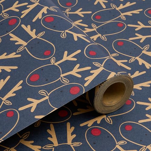 Rollo de papel para envolver regalos, 43 cm x 15 m, papel kraft reciclable con cabeza de ciervo azul, ideal para bodas, cumpleaños, Navidad y decoración de fiestas.
