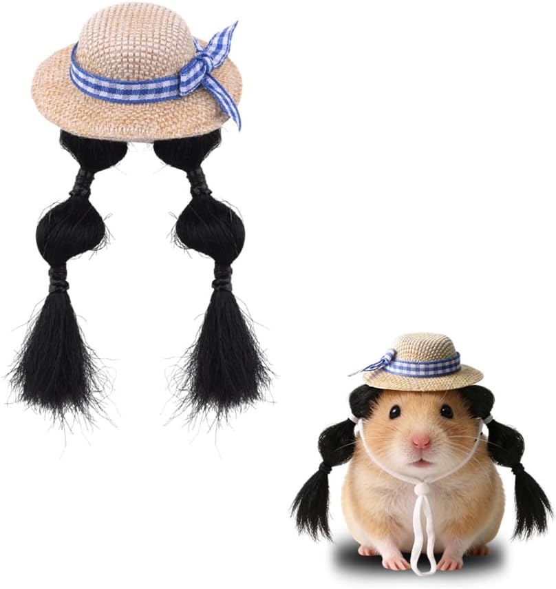Adjustable Summer Hat for Small Pets Straw Hats with Braided Wigs and Bow Accessories for Hamster Guinea Pig Bird Rabbit Parrot Beach Party Decorations for Small Pet Funny Hats for Hamster Guinea Pig image 3