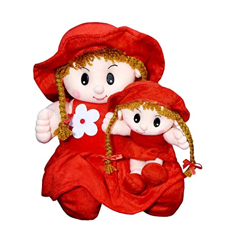 Image of Yellow Plush Doll Set, Stuffed Toy Dolls with Braided Hair and Sun Hats, Mother Daughter Matching Outfit, Girls Gift (Purple,Red,Pink and Yellow) (Red)