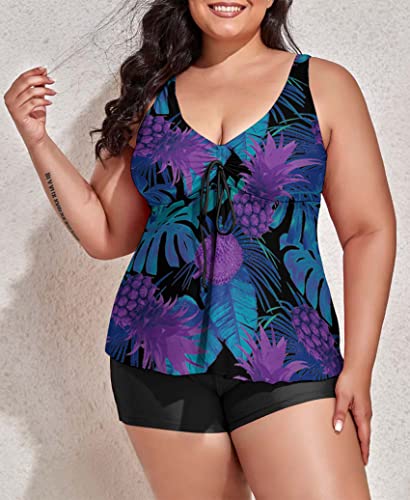 Image of Modest Tankini Swimsuits for Women Two Piece Bathing Suits Floral Print Tank Top with Boyshorts Tummy Control Swimming Suits