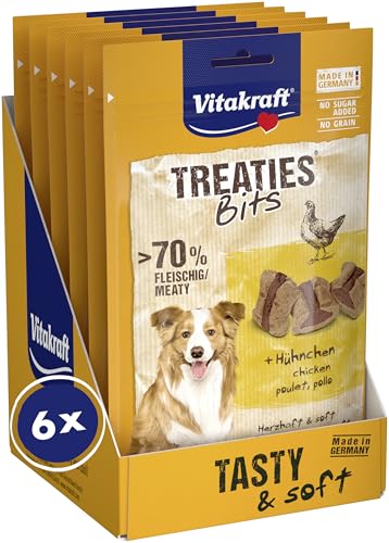 Vitakraft Treaties Bits, leccorne per cani con pollo, con percentuale elevata di carne, ideale per premiare e per l'addestramento, senza l'aggiunta di zuccheri o cereali (6x 120g)