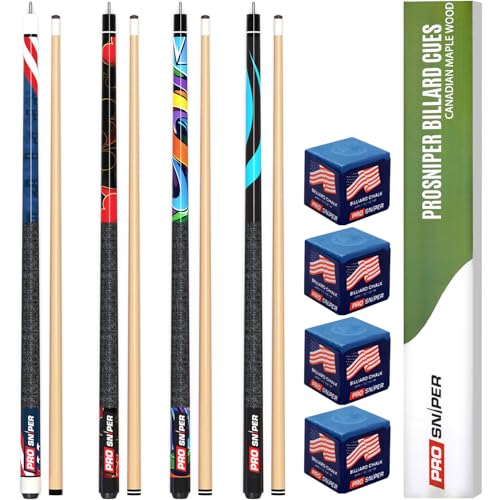 Premium Pool Cue Set | 4 Canadian Maple 58-Inch, 19-Oz Pool Sticks with Low-Deflection Shaft & 4 Extra Chalks | Durable, Pro-Grade Billiard Cue for Home & Bar Play