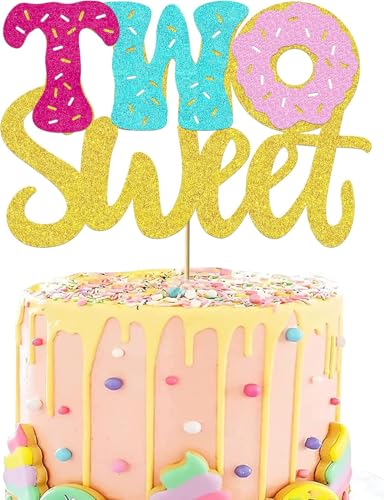 Donut Sweet Two Cake Topper Glitter Theme Sencond Happy Birthday Decorations for Girl Boy Baby Shower Party Supplies
