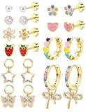 YADOCA Aretes hipoalergénicos para mujeres y niñas, bonitos aretes de acero quirúrgico para orejas sensibles, aretes de aro con parte trasera plana, juego de aretes para niños, aretes de rosca para