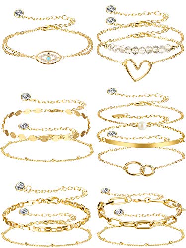 Yaomiao 12 Pieces Dainty Gold Bracelets Gold Adjustable Layered Bracelet Evil Eye Oval Chain Bracelet Jewelry Tiny Faux Pearl Bar Gold Bracelets for Women