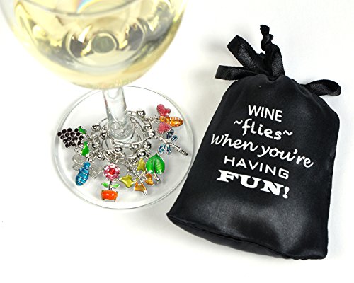 Cork & Leaf Flowers & Insects Wine Glass Markers - Set Of 7, Wine Charms, Wine Accessories And Gifts, Drink Markers, Wine Glass Charms, Includes A Black Sateen Storage Bag #TOP1