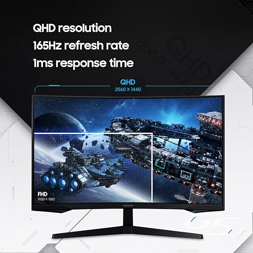Samsung 27" (68.5cm) Odyssey G5 2K Curved Gaming Monitor|QHD 2560 X 1440|1000R Curved|165Hz|1ms(MPRT)|300nits|Ports-HDMI,DP,Headphone|DP Cable|HDR10|FreeSync|LS27CG550EWXXL|Black view 2