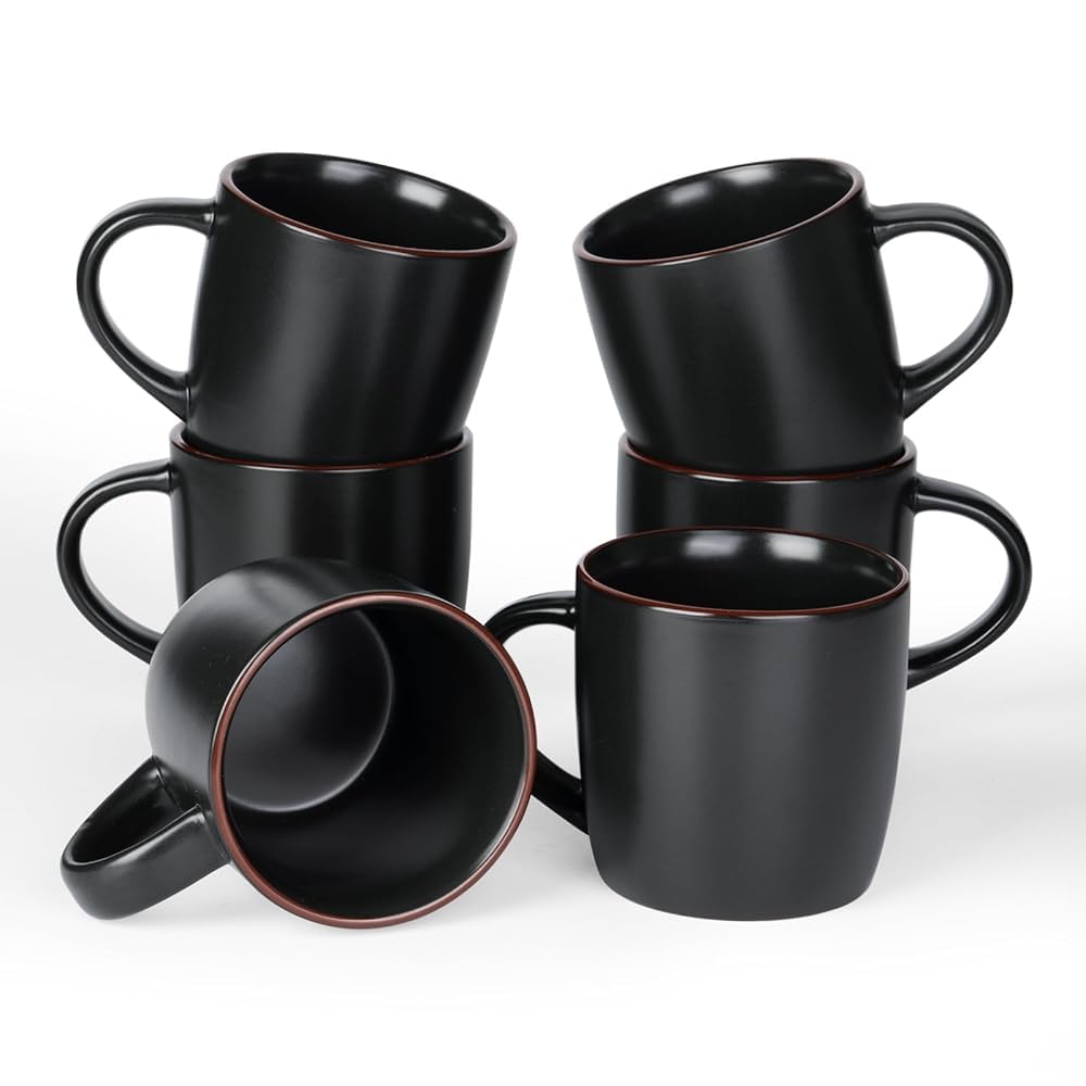Richmount Mercury Coffee Mugs Sets of 6, 13oz/370ml Stoneware Tea Cups with Large Handle and Burgundy Trim for Latte/Cappuccino/Milk/Cocoa/Tea, Microwave & Dishwasher Safe, Black