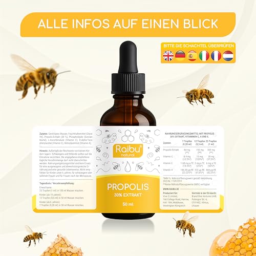 Propolis Tropfen ohne Alkohol - große 50 ml Flasche, 30 % Propolis Extrakt, geeignet für Kinder, Erwachsene & Haut - mit Vitamin A, C & E - wasserlöslicher Extrakt - Produziert in Deutschland