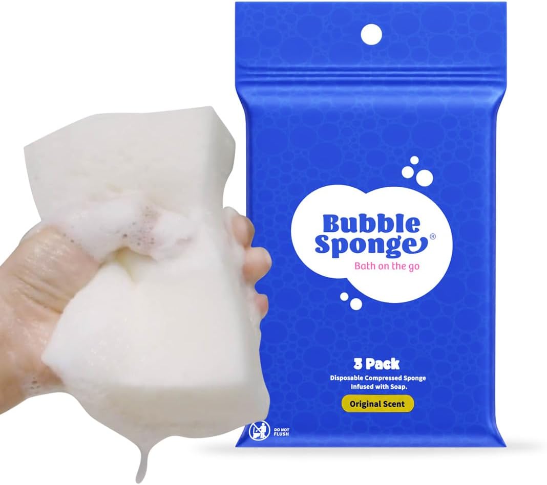 Bubble Sponge® Travel Sponge with Soap, 3-Ct. Disposable Compressed Bath Sponges Infused with Soap - Patent-Pending - No Rinse Shower Wipes - All-in-1 Single Use Bathing Sponges - Travel Essentials
