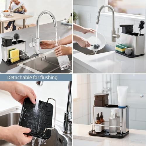 Image of Steel Kitchen Sink Caddy with Soap Dispenser - 3-in-1 Dishwashing Organizer for Sponge & Brush | Rustproof Sink Shelf for Kitchen Counter