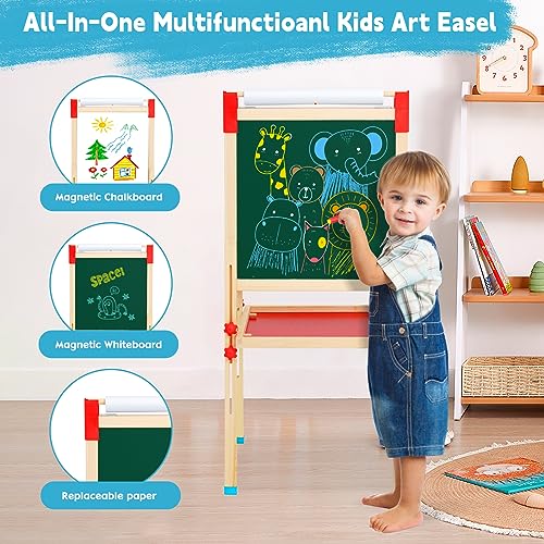 Kids Art Easel With Paper Roll Art Standing Easel Double-Sided Whiteboard & Chalkboard & Roll Paper Drawing Board Standing Easel With Accessories For Kids And Toddlers #TOP4